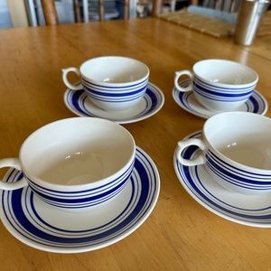 FARMSTEAD TICKING Ralph Lauren, Cups & Saucers, set of 4, Blue, IRONSTONE